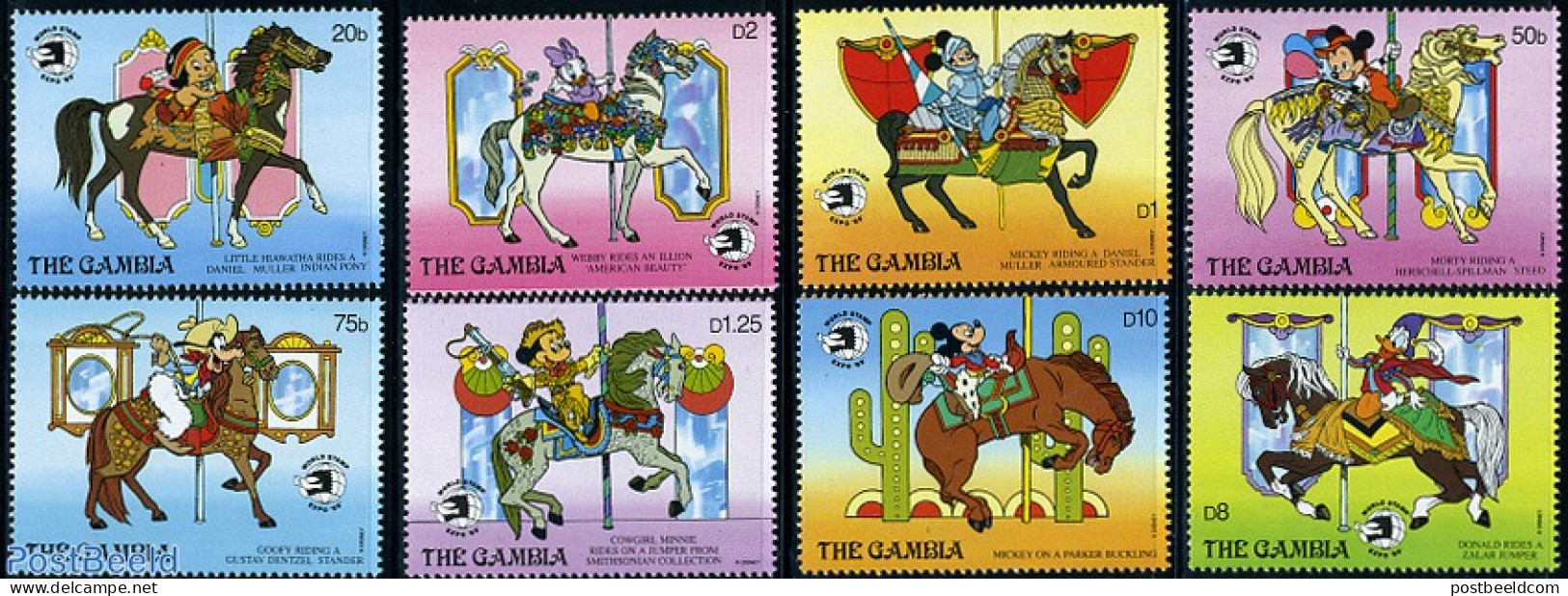 Gambia 1989 World Stamp Expo, Disney 8v, Mint NH, History - Nature - Various - Knights - Horses - Philately - Fairs - .. - Disney