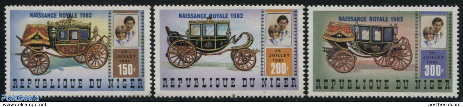 Niger 1982 Birth Of Prince William 3v, Mint NH, History - Transport - Kings & Queens (Royalty) - Coaches - Königshäuser, Adel