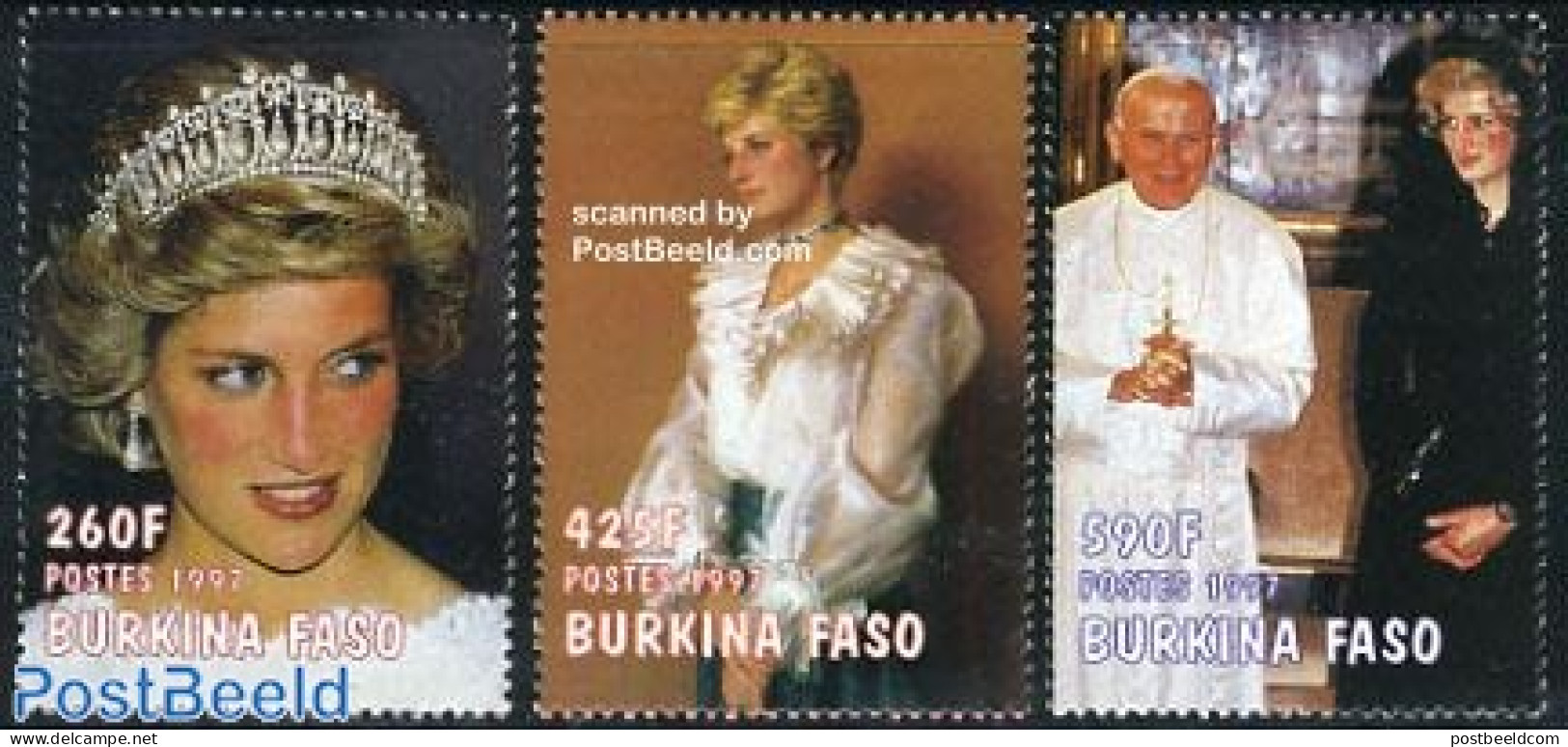 Burkina Faso 1998 Death Of Diana 3v, Mint NH, History - Religion - Charles & Diana - Kings & Queens (Royalty) - Pope - Königshäuser, Adel