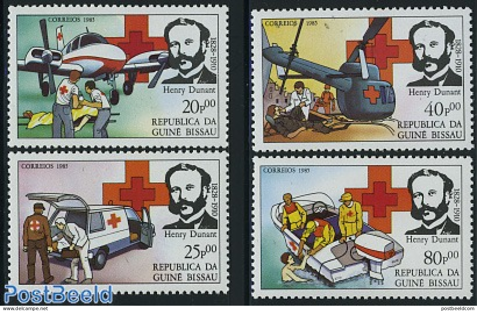 Guinea Bissau 1985 Red Cross 4v, Mint NH, Health - Transport - Red Cross - Automobiles - Helicopters - Aircraft & Avia.. - Croix-Rouge