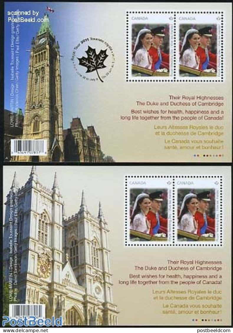 Canada 2011 Royal Wedding William & Kate 2 S/s, Mint NH, History - Kings & Queens (Royalty) - Unused Stamps