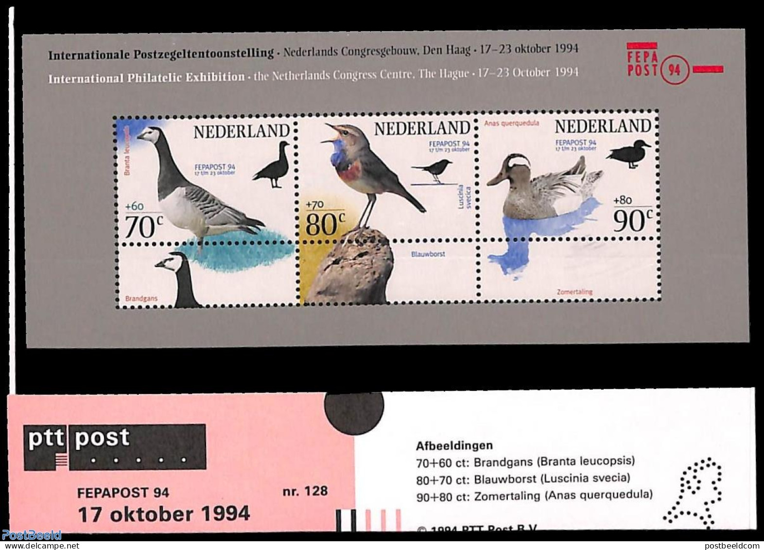 Netherlands 1994 Birds, FEPAPOST S/s, Presentation Pack 128, Mint NH, Nature - Birds - Geese - Ungebraucht