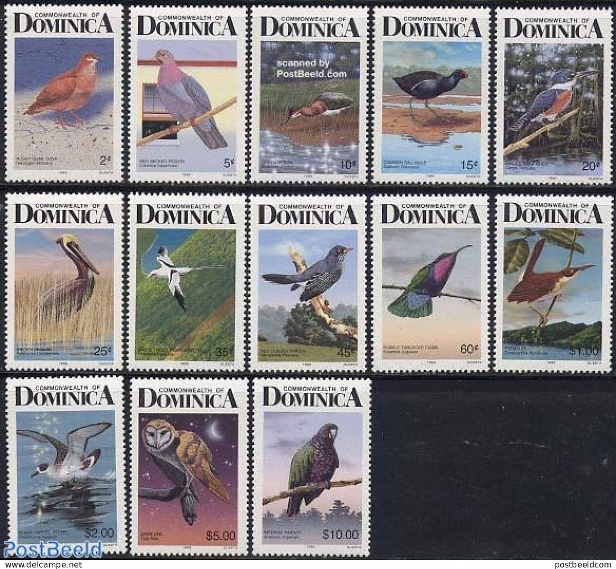 Dominica 1989 Birds 13v, Perf. 14 (with Year 1989), Mint NH, Nature - Birds - Owls - Kingfishers - Pigeons - Hummingbi.. - Dominicaanse Republiek