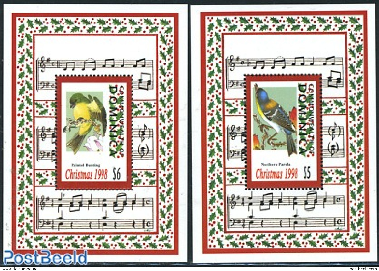 Dominica 1998 Christmas, Birds 2 S/s, Mint NH, Nature - Performance Art - Religion - Birds - Music - Christmas - Musica