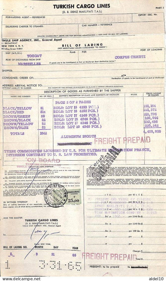Connaissement Pour Marseille1965 Avec Timbres Valeur 25,00 F Vert - Briefe U. Dokumente