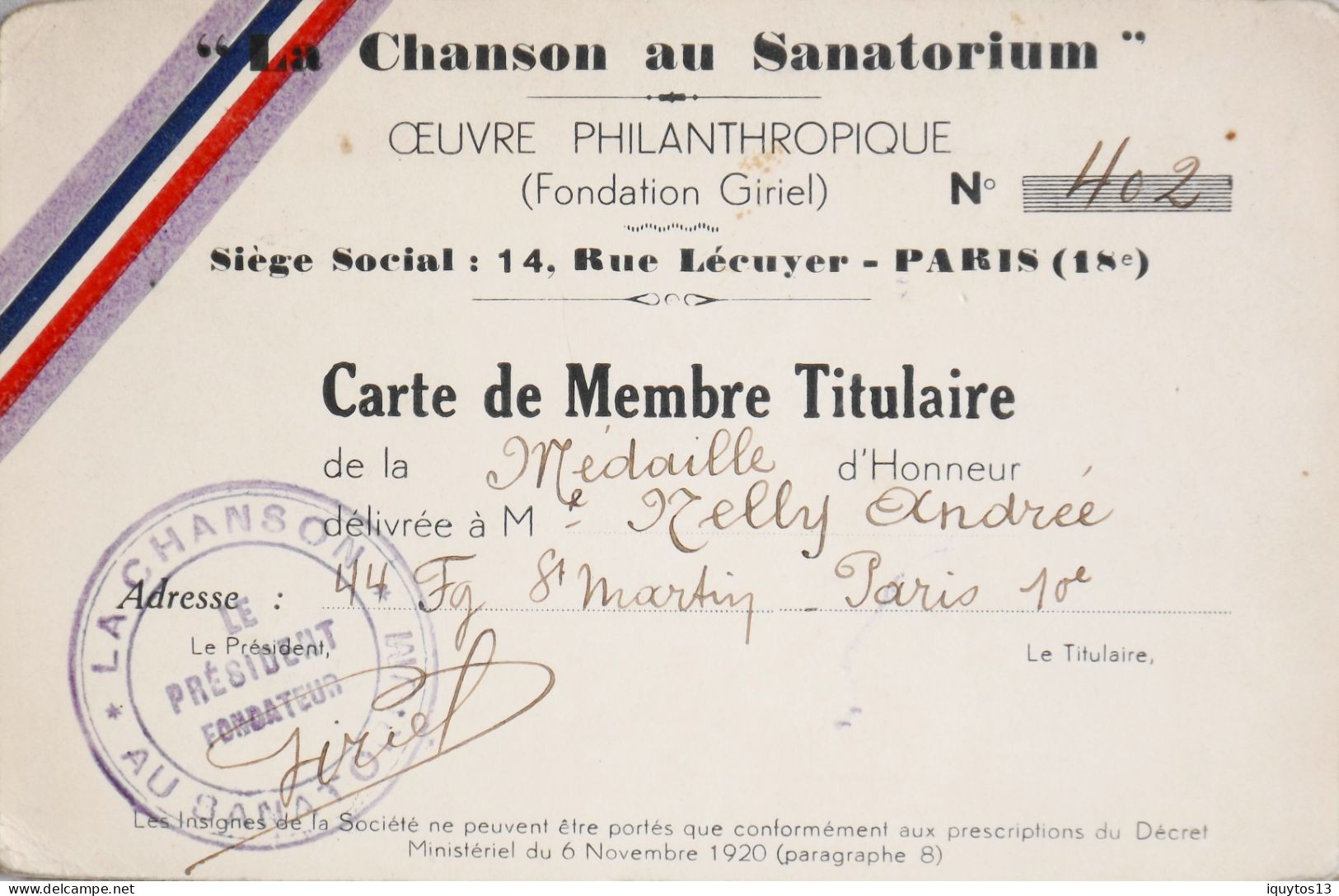 LA CHANSON AU SANATORIUM - CARTE DE MEMBRE TITULAIRE à NELLY ANDREE - TBE - Tarjetas De Membresía