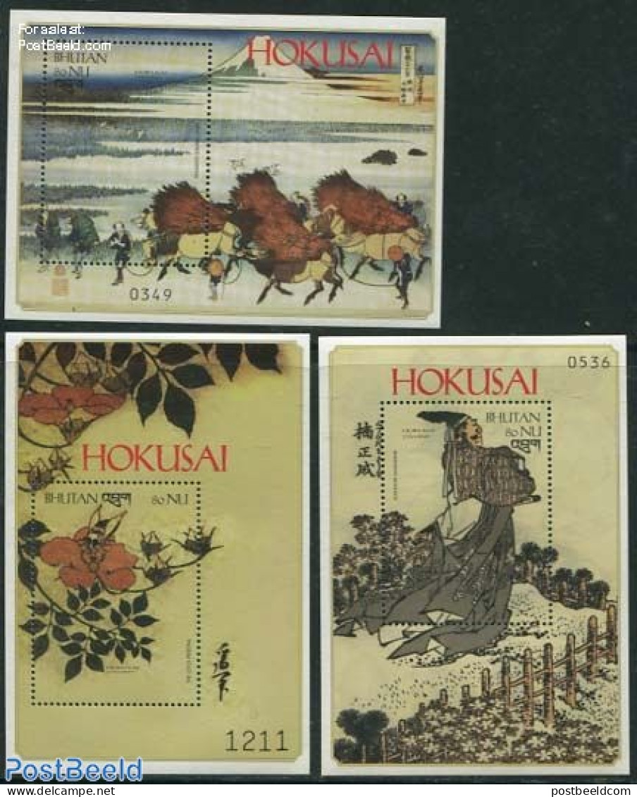 Bhutan 1999 K. Hokusai 3 S/s, Mint NH, Art - East Asian Art - Paintings - Bhutan