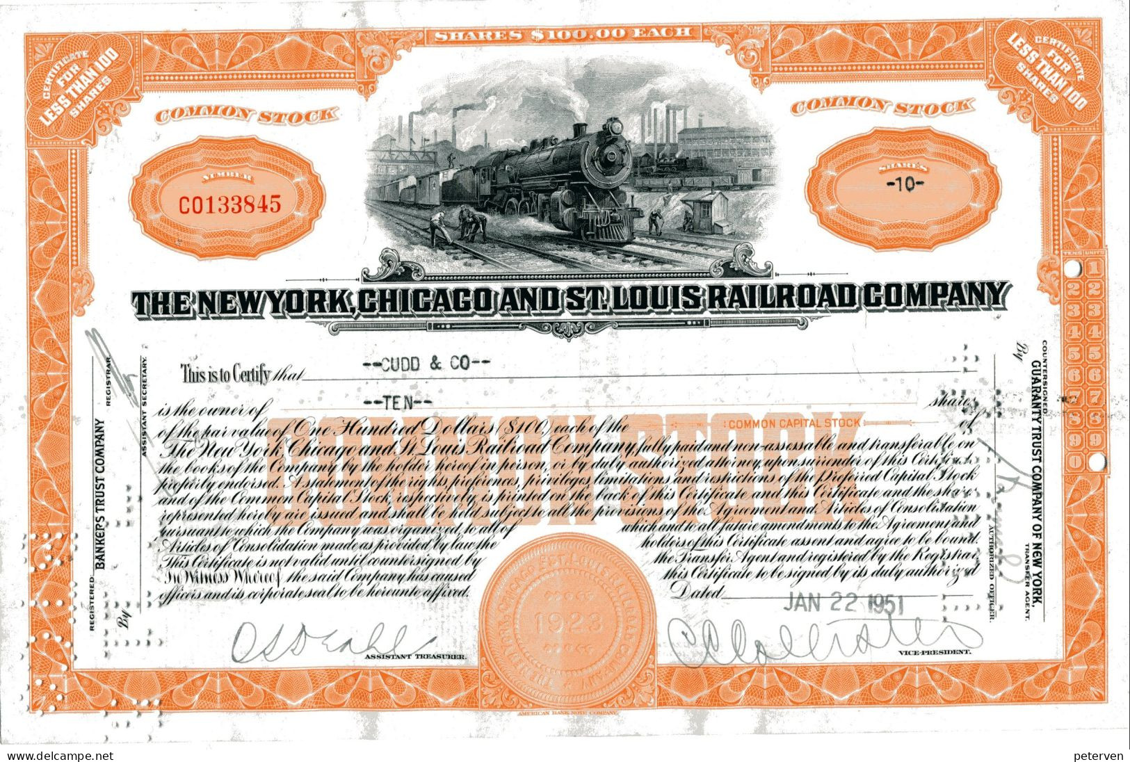 The NEW YORK, CHICAGO And ST. LOUIS RAILROAD COMPANY; 10 Shares - Ferrovie & Tranvie