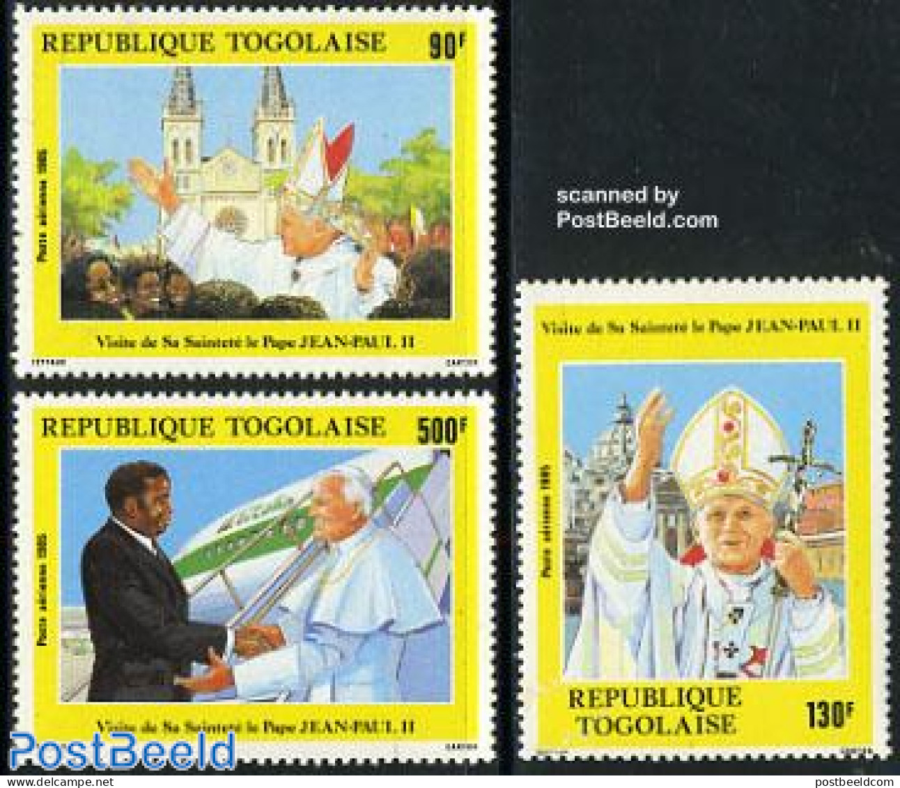 Togo 1985 Pope Visit 3v, Mint NH, Religion - Transport - Pope - Aircraft & Aviation - Pausen