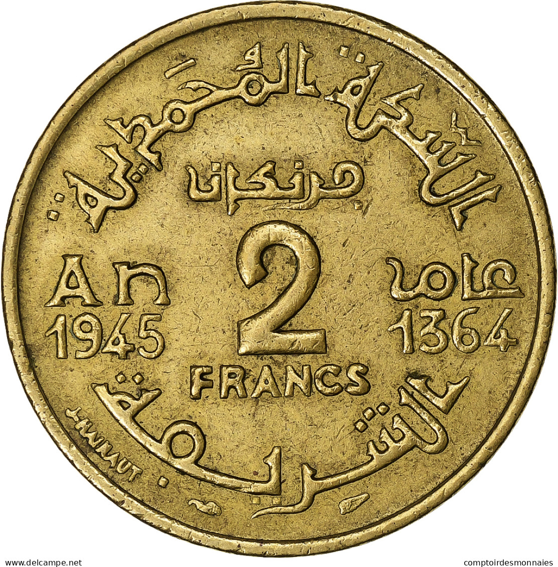 Maroc, Mohammed V, 2 Francs, AH 1364/1945, Paris, Bronze-Aluminium, TTB+ - Marokko