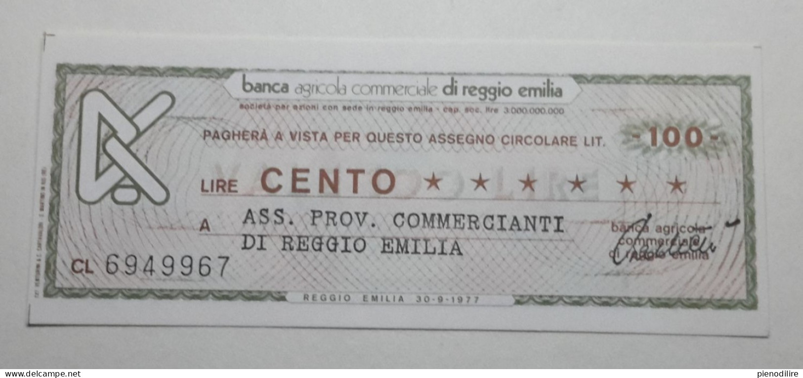 100 LIRE 30.9.1976 BANCA AGRICOLA COMMERCIALE REGGIO EMILIA (A.43) - [10] Cheques En Mini-cheques