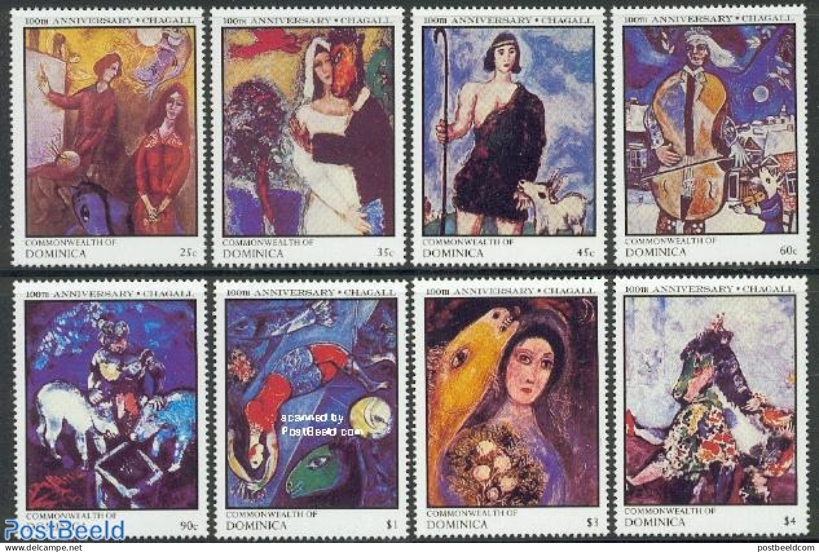 Dominica 1987 Marc Chagall 8v, Mint NH, Art - Modern Art (1850-present) - Dominicaine (République)