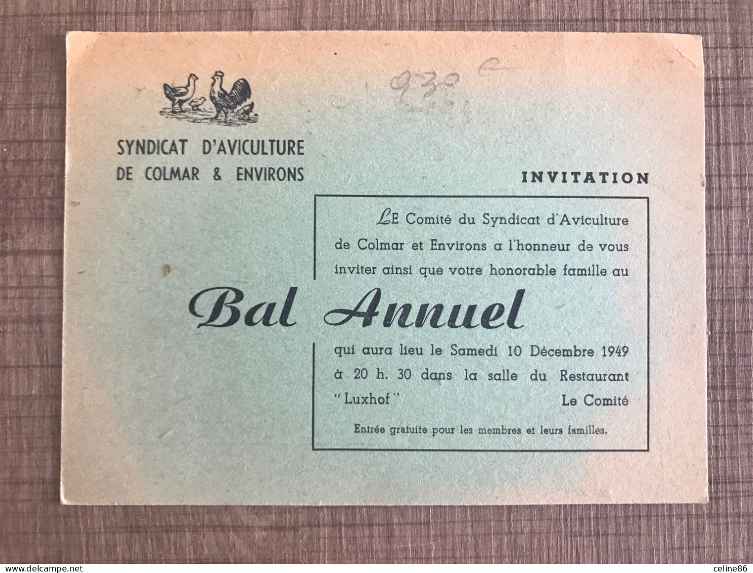 Invitation Bal Annuel Syndicat D'aviculture De Colmar & Environs - Other & Unclassified
