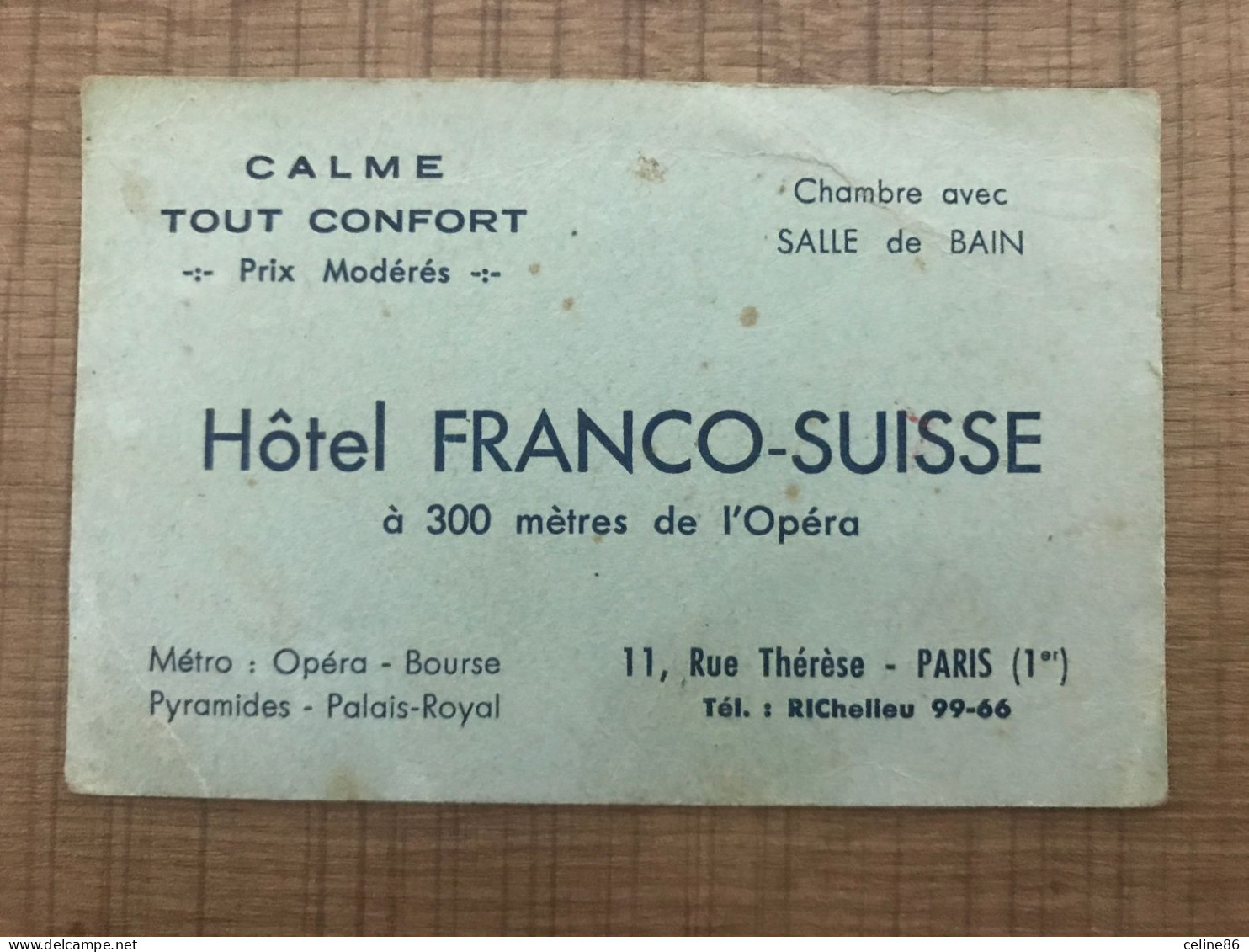 Hotel FRANCO SUISSE Calme Tout Confort 11 Rue Thérèse PARIS - Visiting Cards