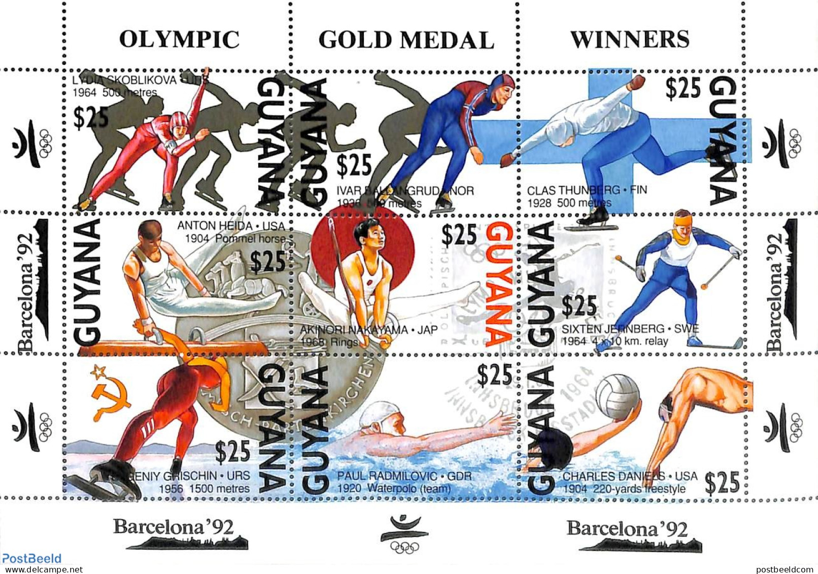 Guyana 1991 Olympic Winners 9v M/s, Mint NH, Sport - Olympic Games - Olympic Winter Games - Skating - Guyane (1966-...)
