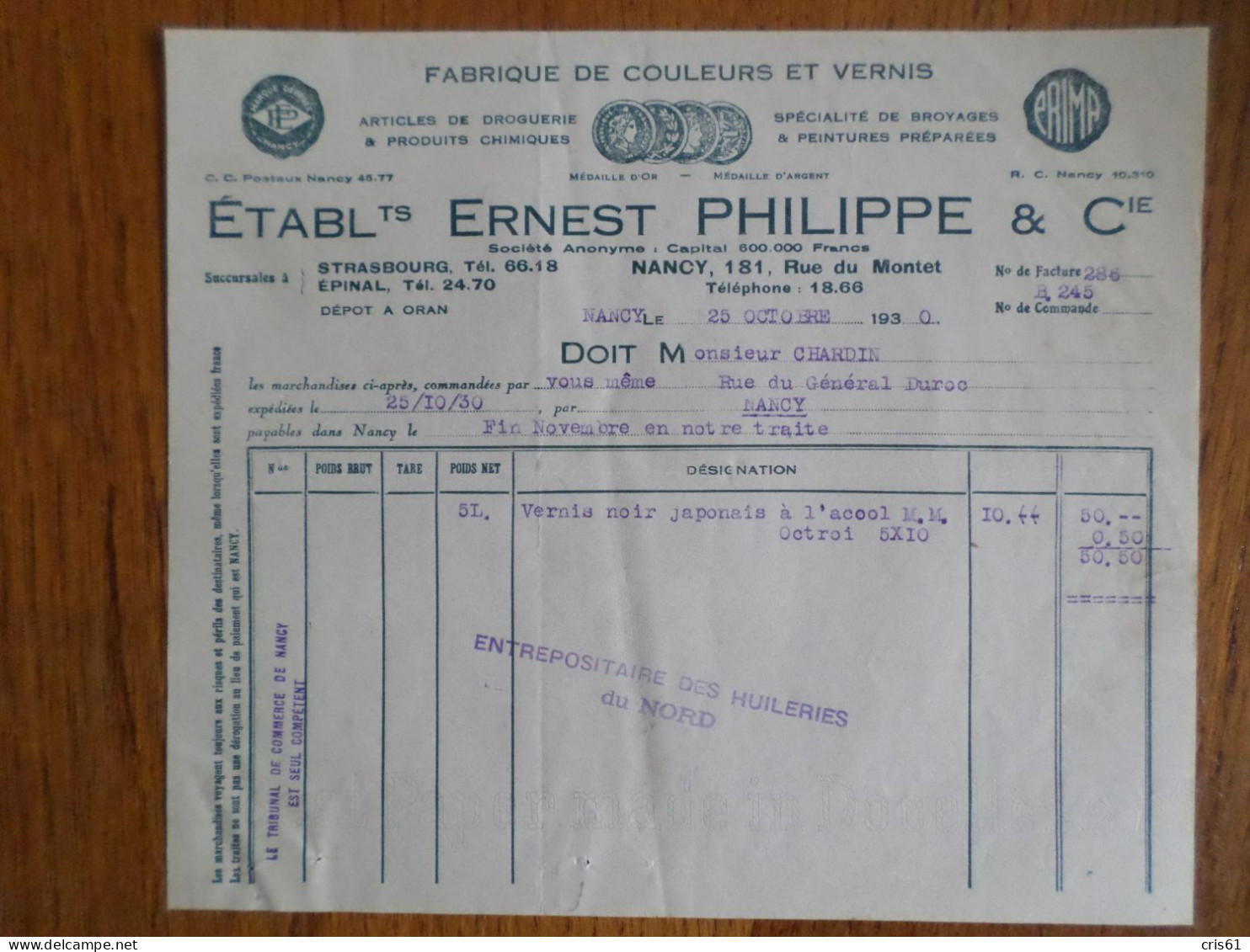 54 NANCY - Facture ETS ERNEST PHILIPPE & CIE, Fabrique De Couleurs Et Vernis, Octobre 1930 - 1900 – 1949
