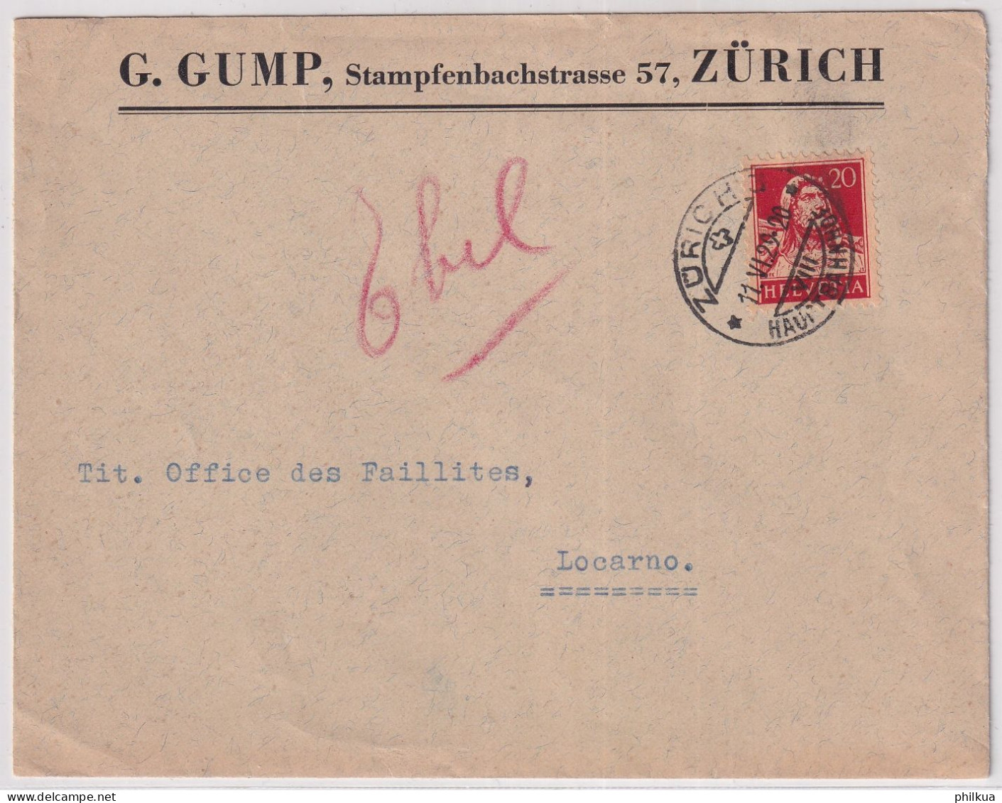Zum. 174 / Mi. 206x Auf Firmenbrief G. GUMP, STAMPFENBACHSTRASSE 57, ZÜRICH Gelaufen Ab ZÜRICH BAHNHOF - Cartas & Documentos