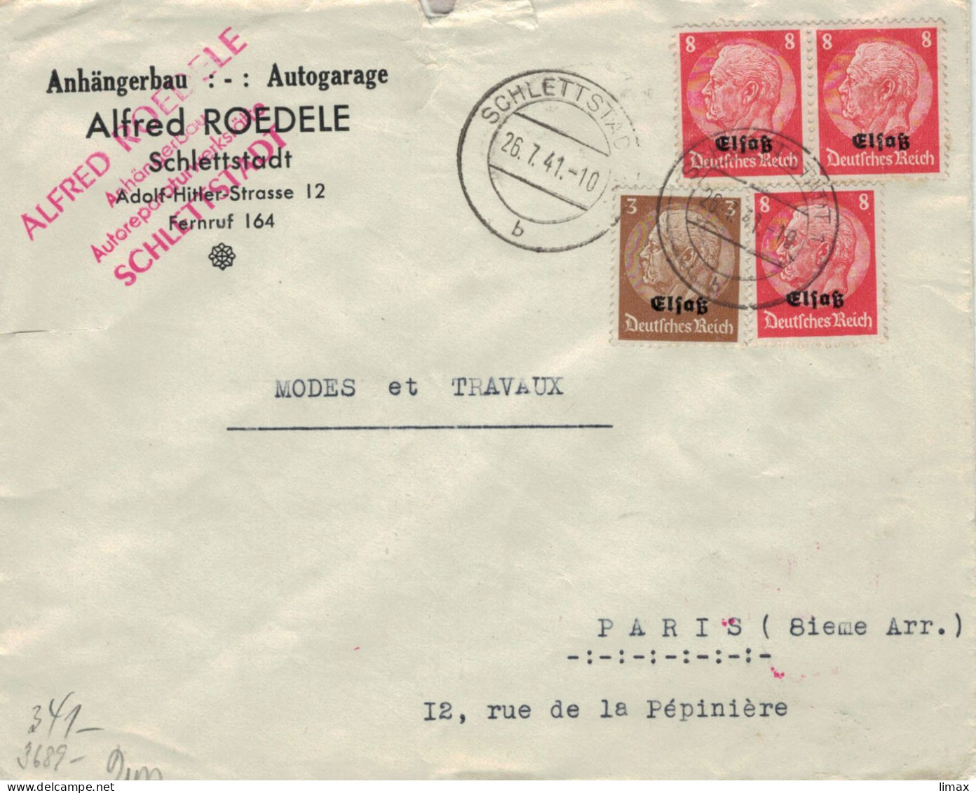Roedele Anhängerbau Schlettstadt Elsass 1941 > Modes & Travaux Paris - Zensur OKW - Besetzungen 1938-45
