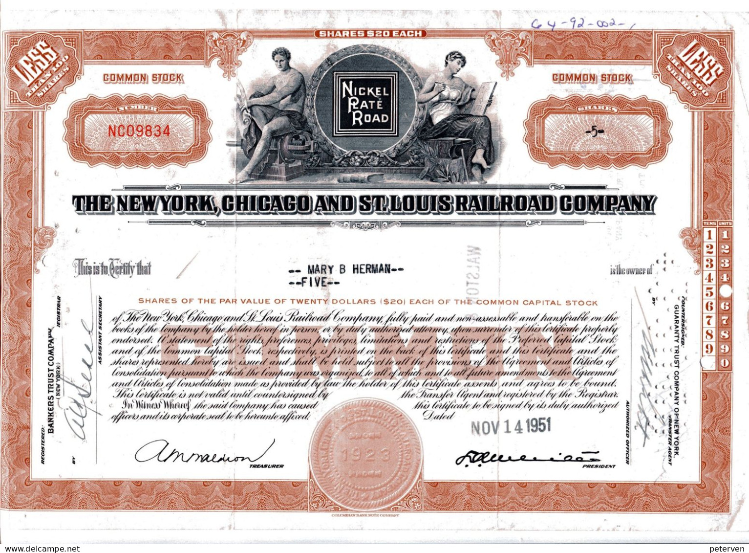 The NEW YORK, CHICAGO And ST. LOUIS RAILROAD COMPANY; 5 Shares - Bahnwesen & Tramways
