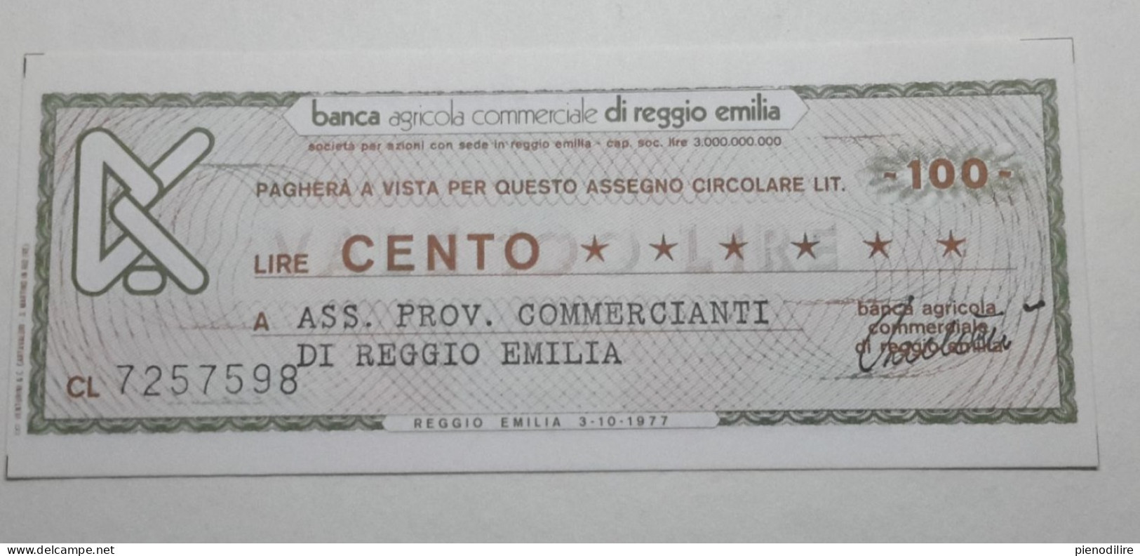 100 LIRE 3.10.1977 BANCA AGRICOLA COMMERCIALE REGGIO EMILIA (A.45) - [10] Cheques En Mini-cheques