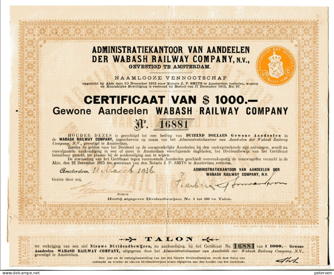 WABASH RAILWAY COMPANY; Certificaat Van $ 1.000.- - Railway & Tramway