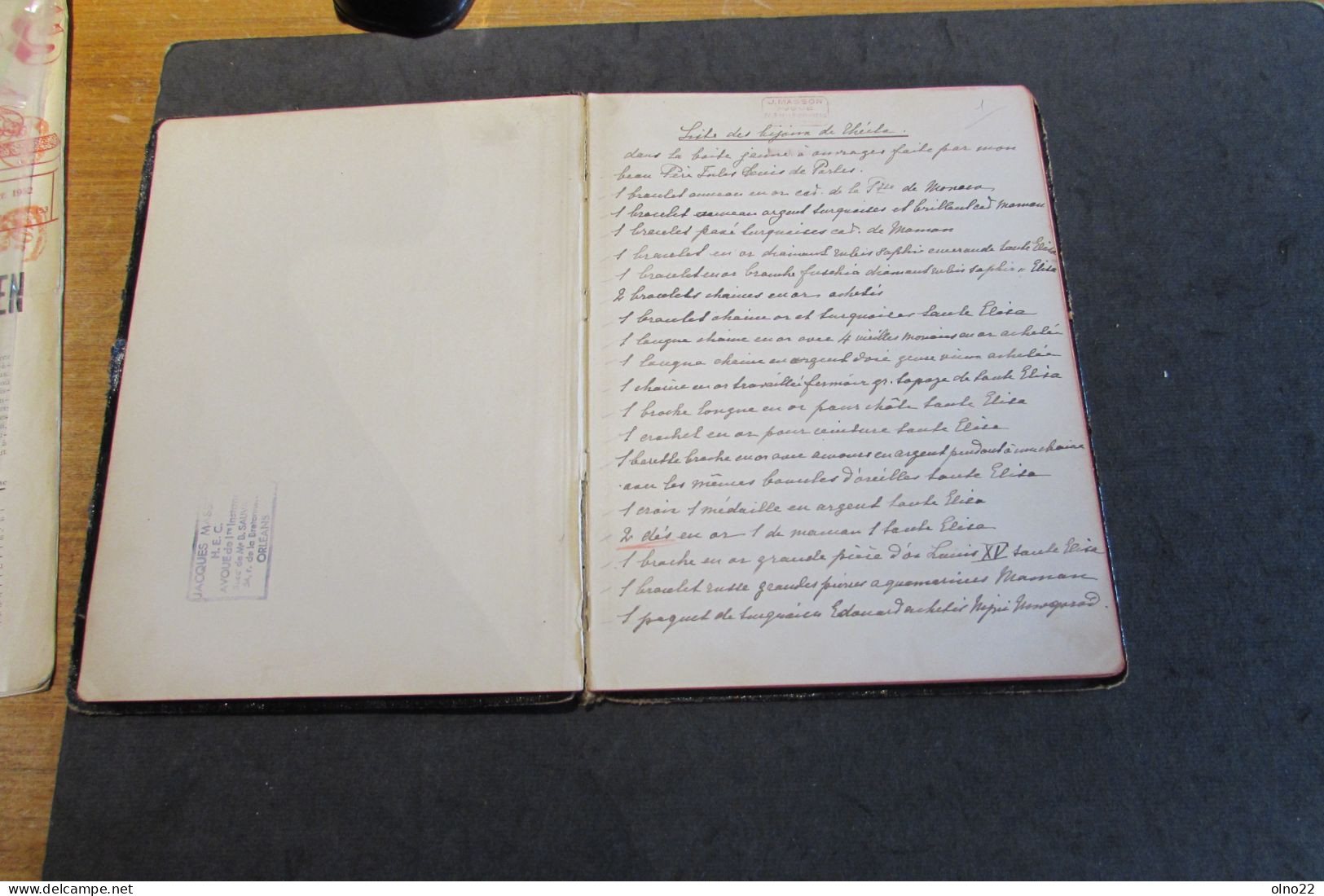 ORLEANS-JACQUES MASSON AVOUE TRIB.1ere INST.- AFFAIRE BARON LEJEUNE ANNEES 30 - INVENTAIRE BIJOUX ET AUTRES - VOIR SCANS - Historische Dokumente