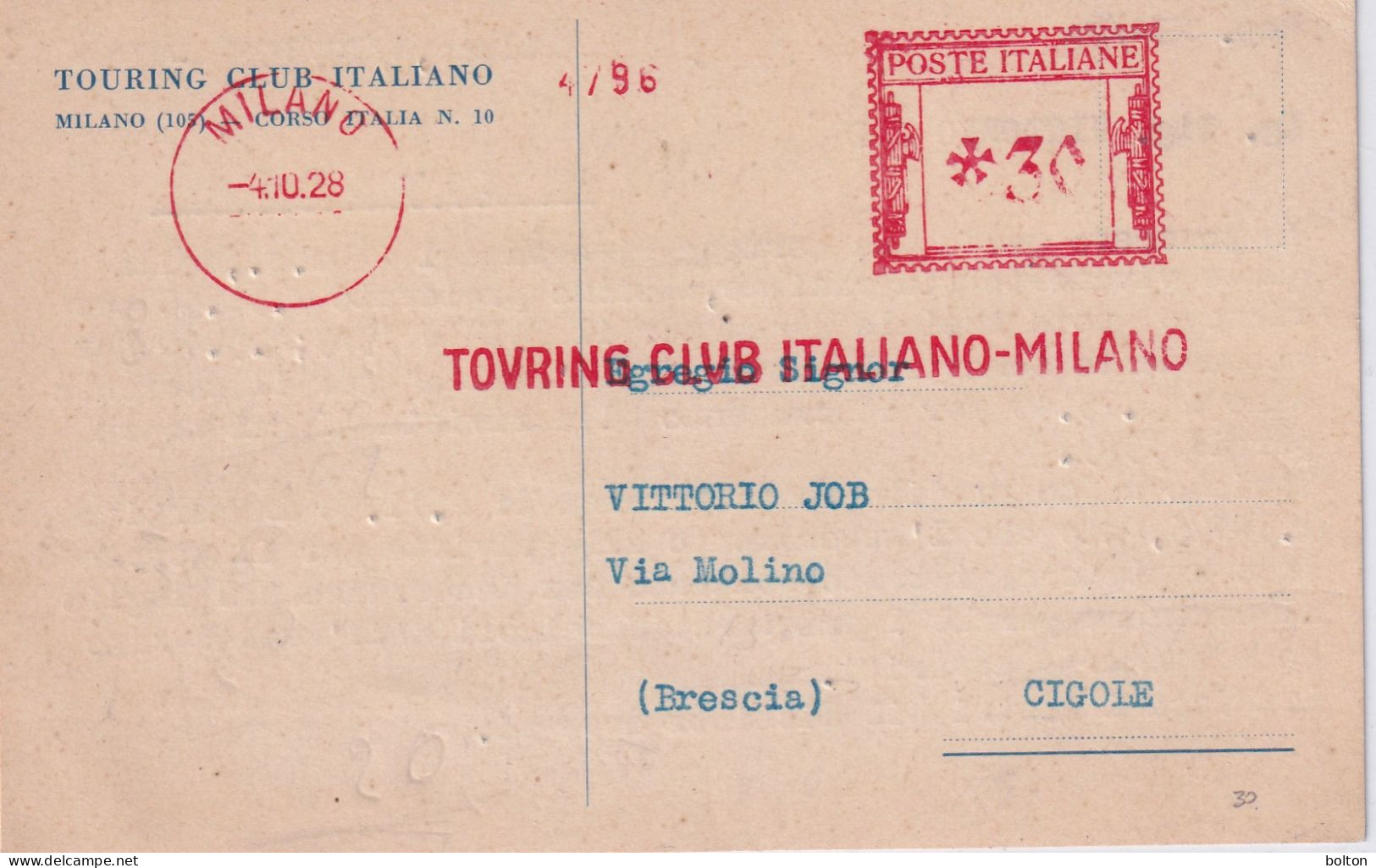 1928 Cartolina Con Affrancatura Meccanica Rossa EMA  Touring Club Italiano - Marcophilie