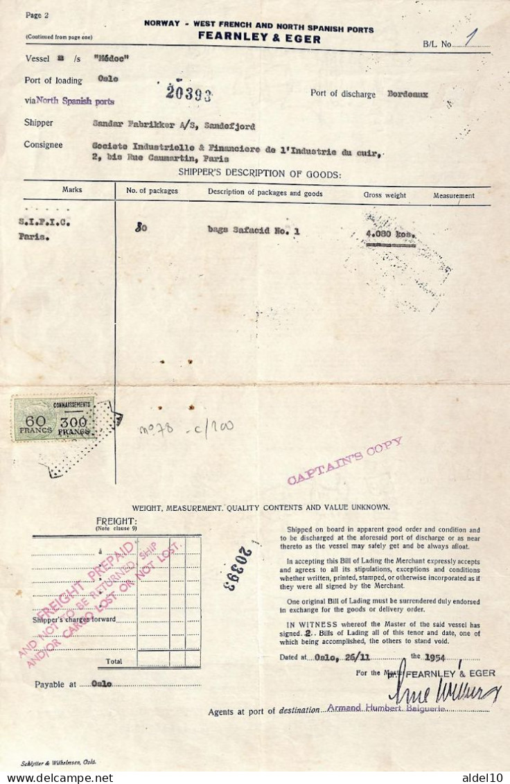 Connaissement Pour Bordeaux 1954 Avec Timbres Valeur Surch 60 Franc Sur 300 Vert - Lettres & Documents