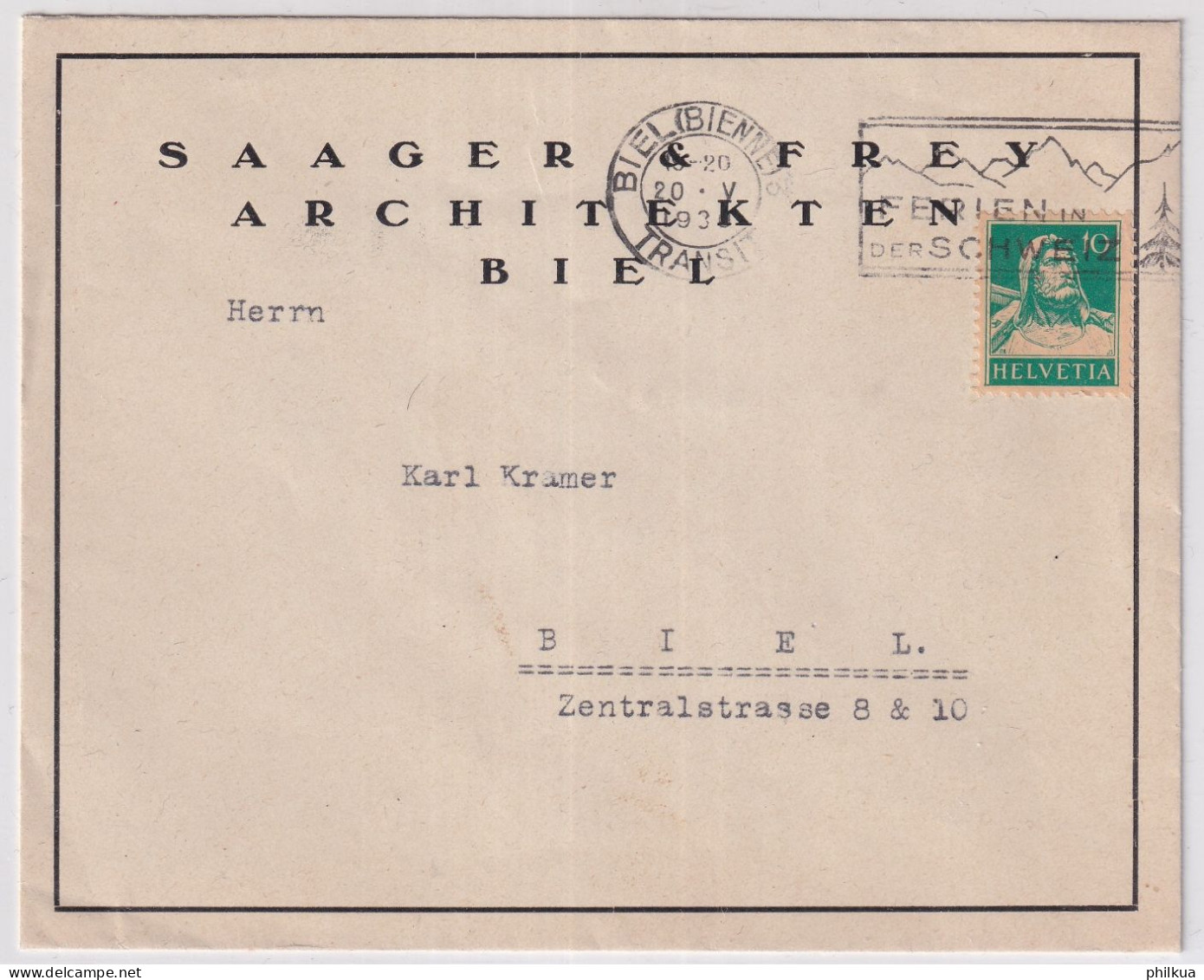 Zum. 172 / Mi. 203x Auf Firmenbrief SAAGER & FREY ARCHITEKTEN BIEL Mit Werbeflagge BIEL - FERIEN IN DER SCHWEIZ - Lettres & Documents