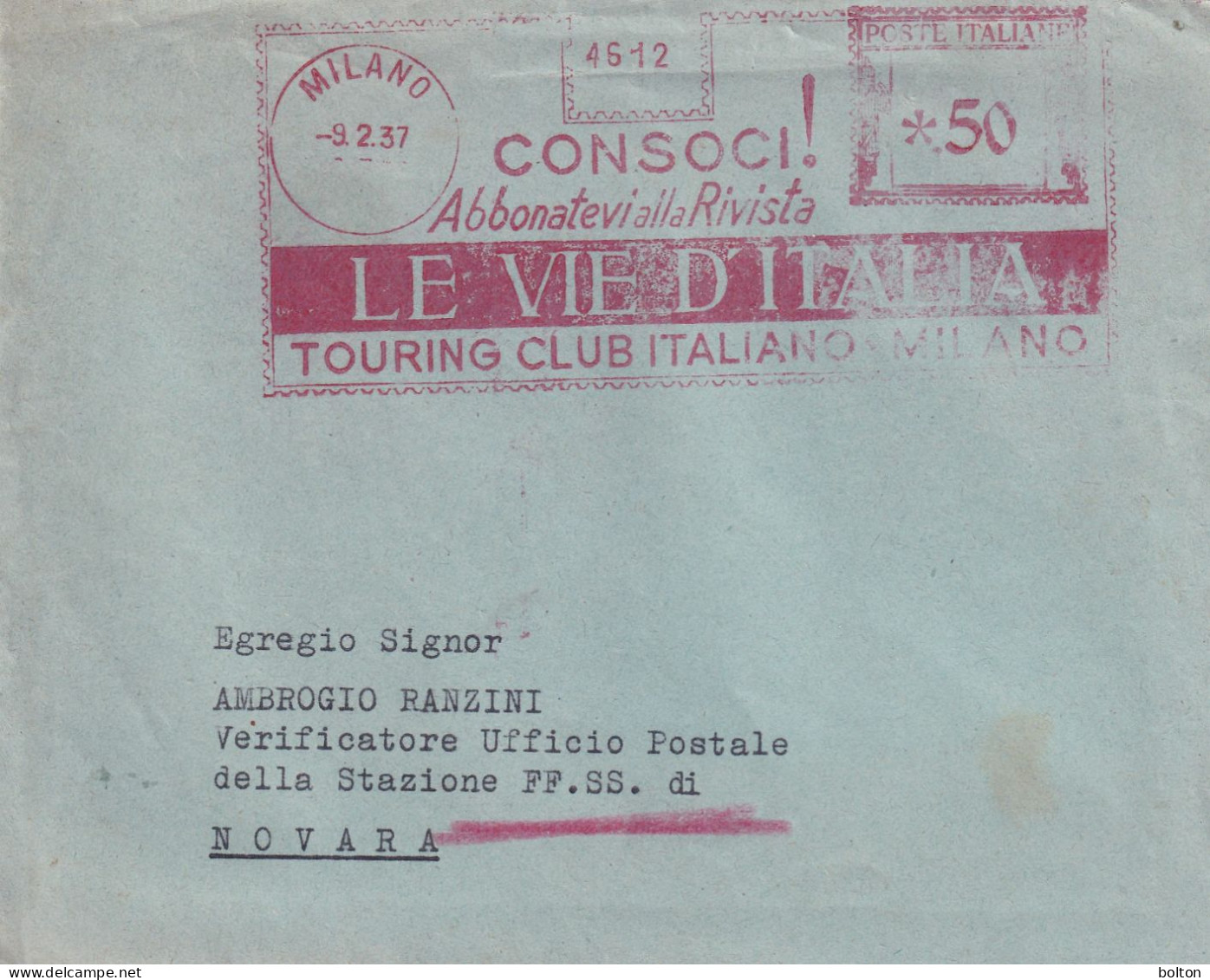 1937  Busta Con Affrancatura Meccanica Rossa EMA  Le Vie D'ItALIA Tuoring Club Italiano - Marcophilia