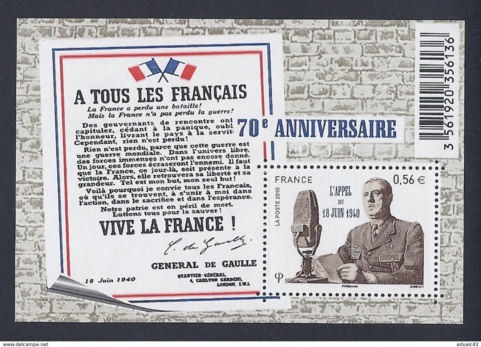 2010 - Bloc Feuillet F4493  ANNIVERSAIRE APPEL Du 18 JUIN 40  N° 4493 NEUF** LUXE MNH - Neufs