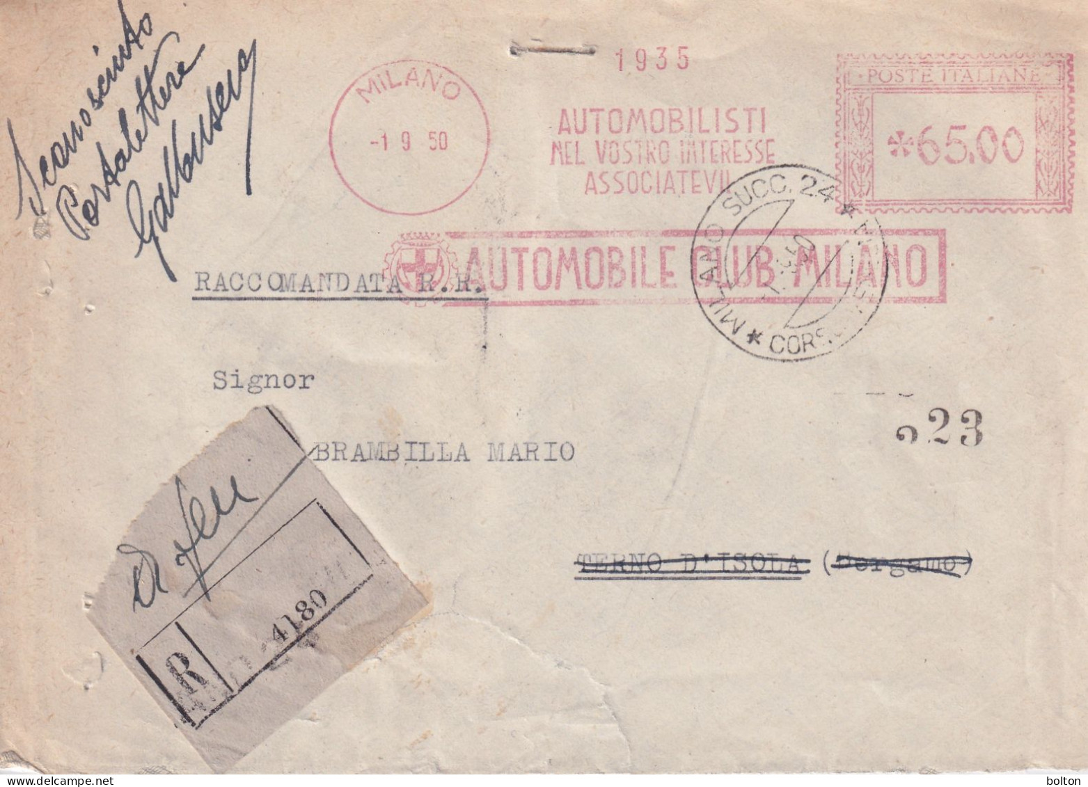 1950  Busta Con Affrancatura Meccanica Rossa EMA   AUTOMOBILE CLUB MILANO - Voitures