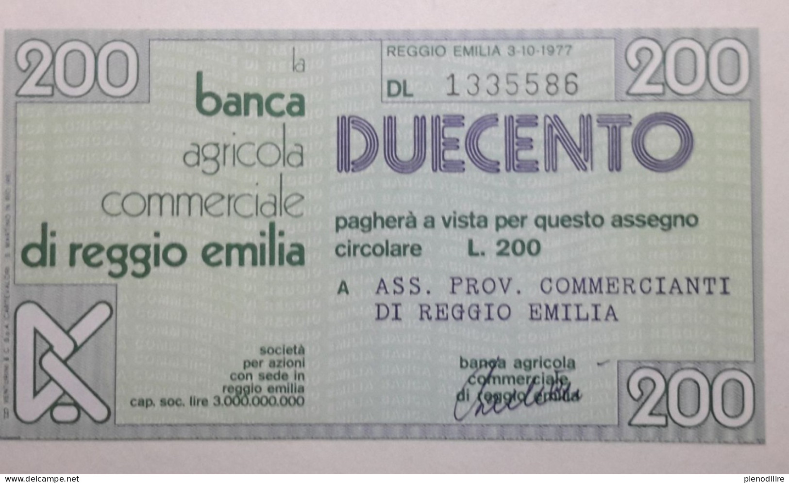 200 LIRE 3.10.1977 BANCA AGRICOLA COMMERCIALE REGGIO EMILIA (A.49) - [10] Assegni E Miniassegni