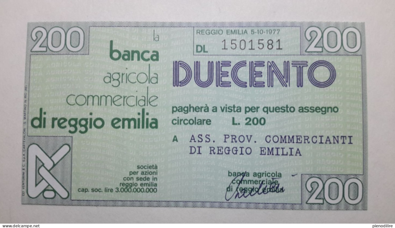200 LIRE 5.10.1977 BANCA AGRICOLA COMMERCIALE REGGIO EMILIA (A.50) - [10] Chèques