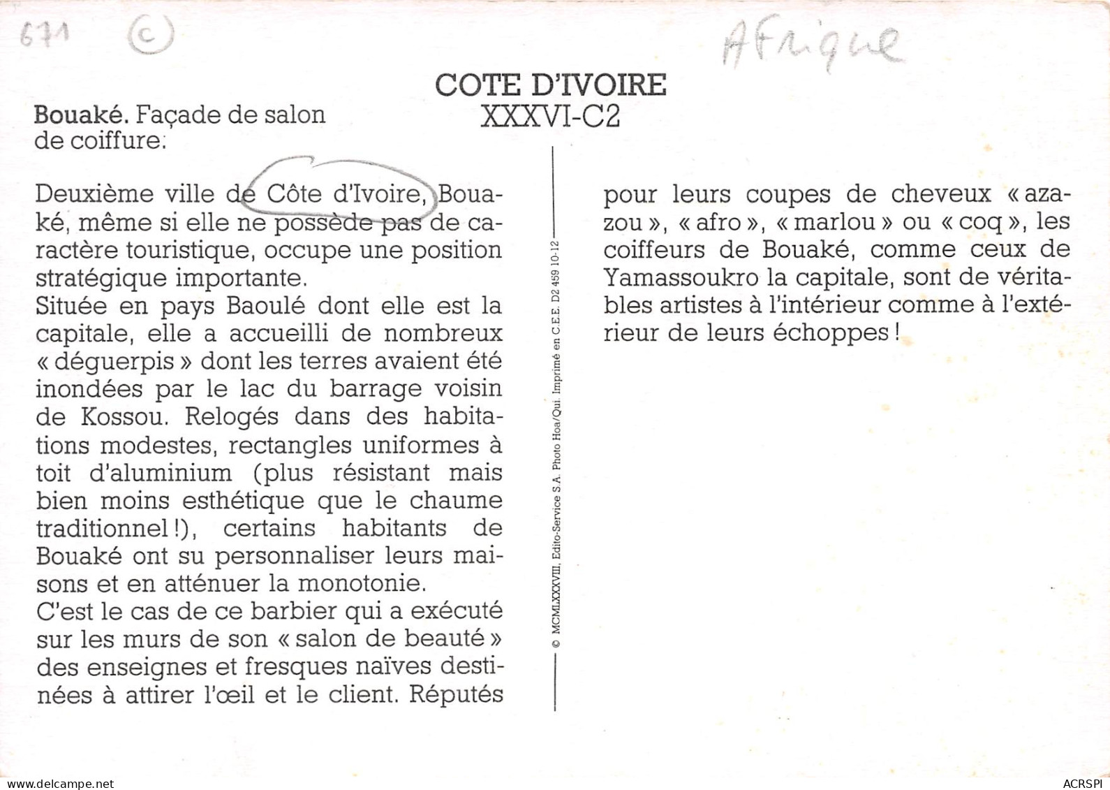 CÔTE-D'IVOIRE  Bouaké Le Coiffeur  N° 71 \ML4020 - Ivory Coast