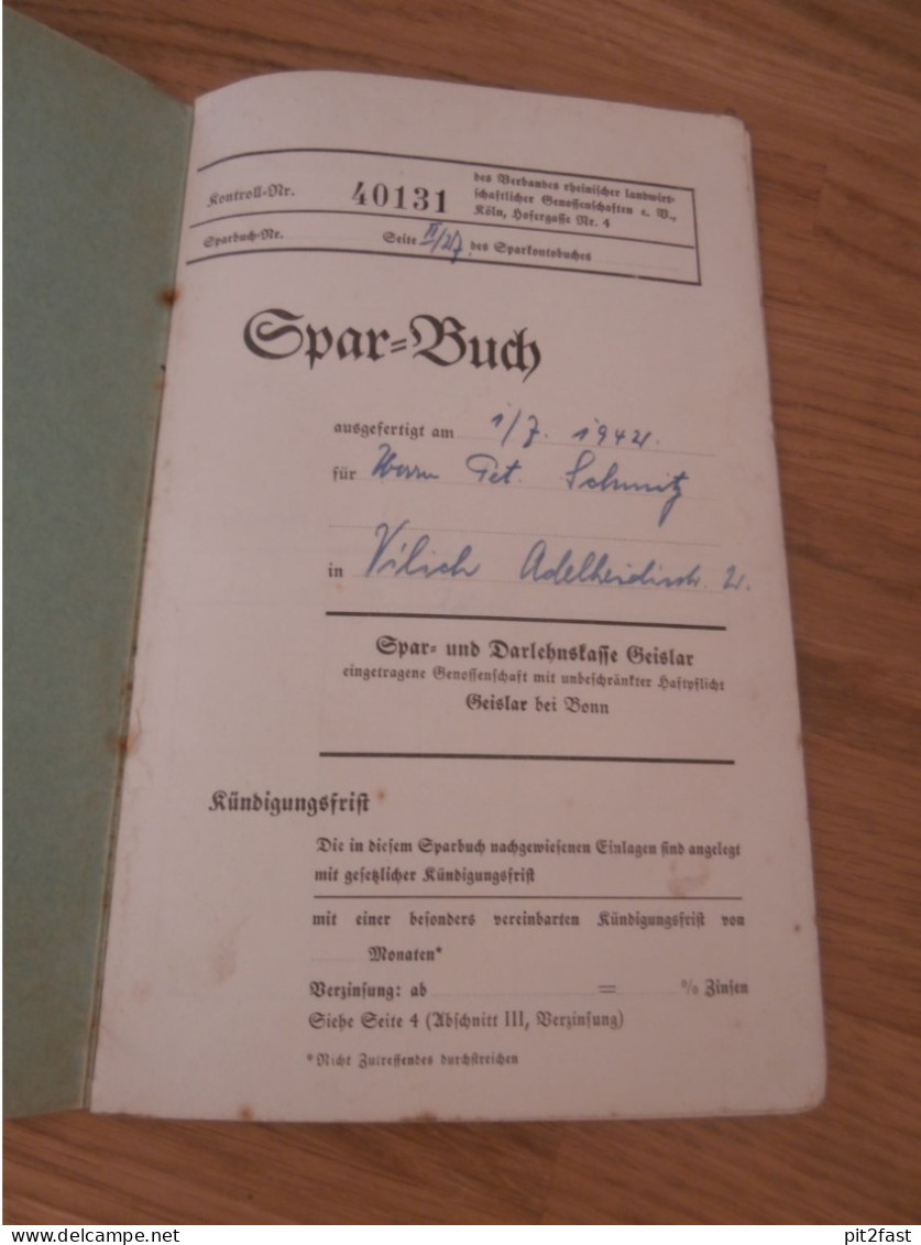 Altes Sparbuch Geislar B. Bonn , 1942 - 1948 , Peter Schmitz In Vilich B. Bonn , Sparkasse , Bank !! - Historische Documenten