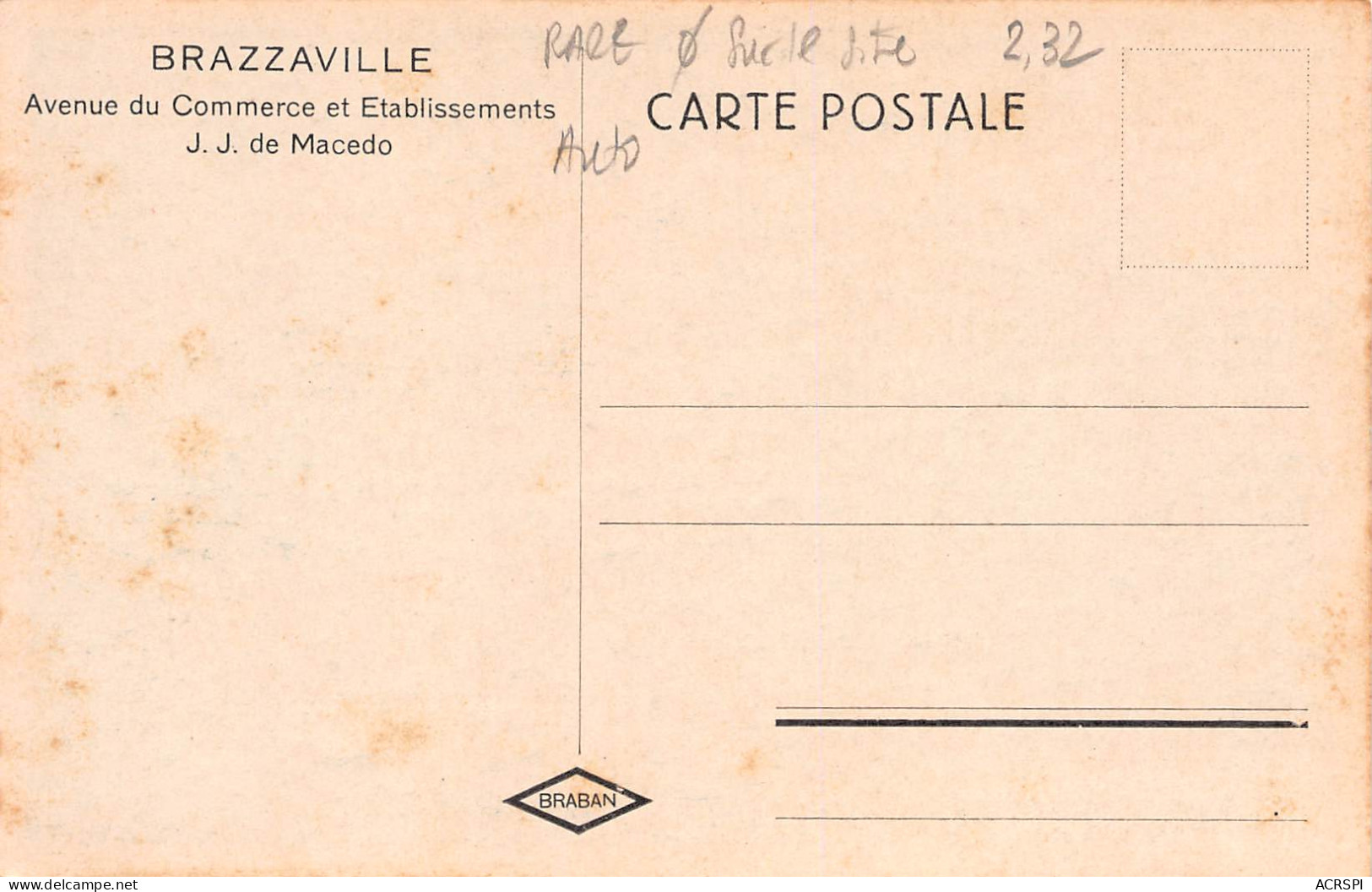 CONGO BRAZZAVILLE  Avenue Du Commerce Et Etablissements J.J De MACEDO  Carte Vierge (2 Scans)N° 73\ML4035 - Brazzaville