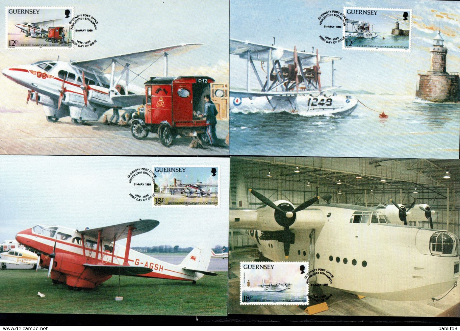 GUERNSEY GUERNESEY 1989 AIRPORT 50th ANNIVERSARY AIRCAFTS COMPLETE SET SERIE MAXI MAXIMUM CARD CARTE - Guernsey