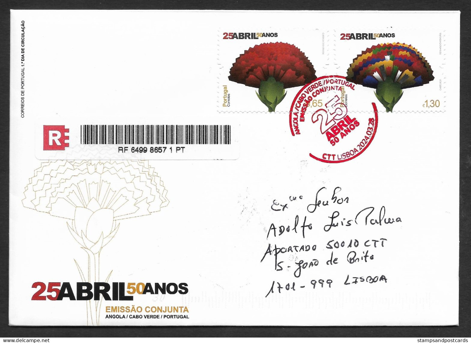 Portugal 2024 FDC Recommandée Emission Commune Joint Issue 25 Avril Revolution Des Oeillets Carnation Revolution R FDC - FDC