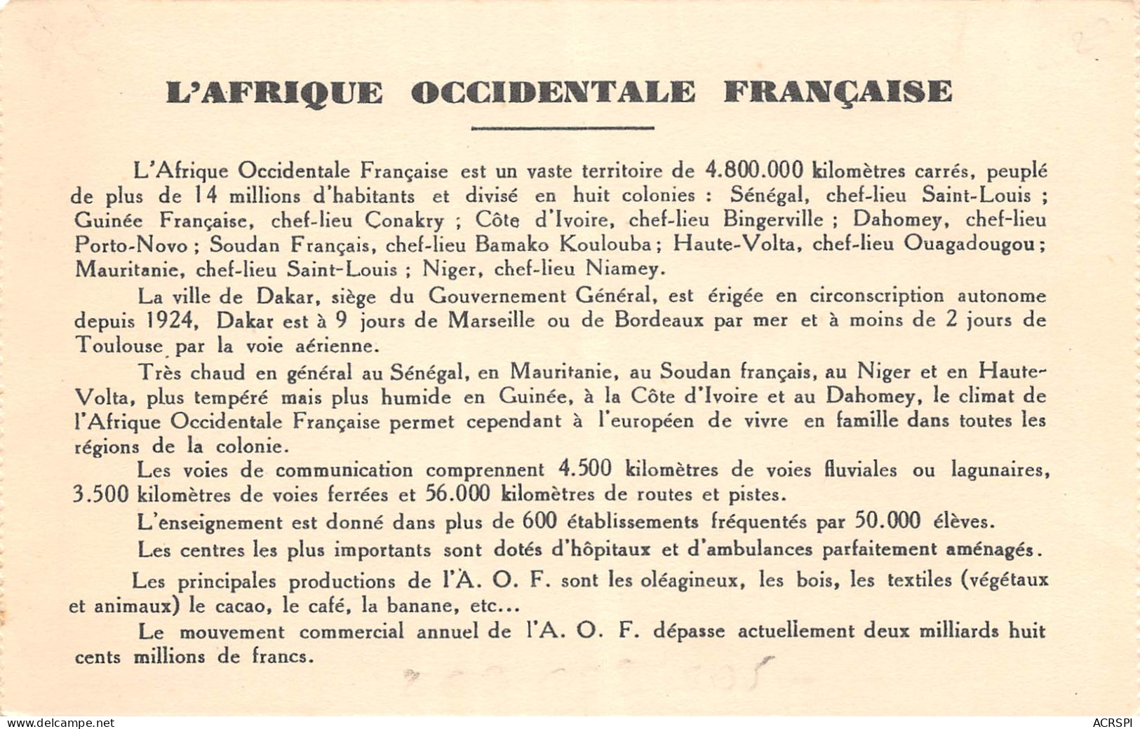 GUINEE Sénégal Carte De L'AOF Afrique Occidentale Française Carte Vierge Non Circulé (Scans R/V) N° 26 \ML4058 - Guinée Française