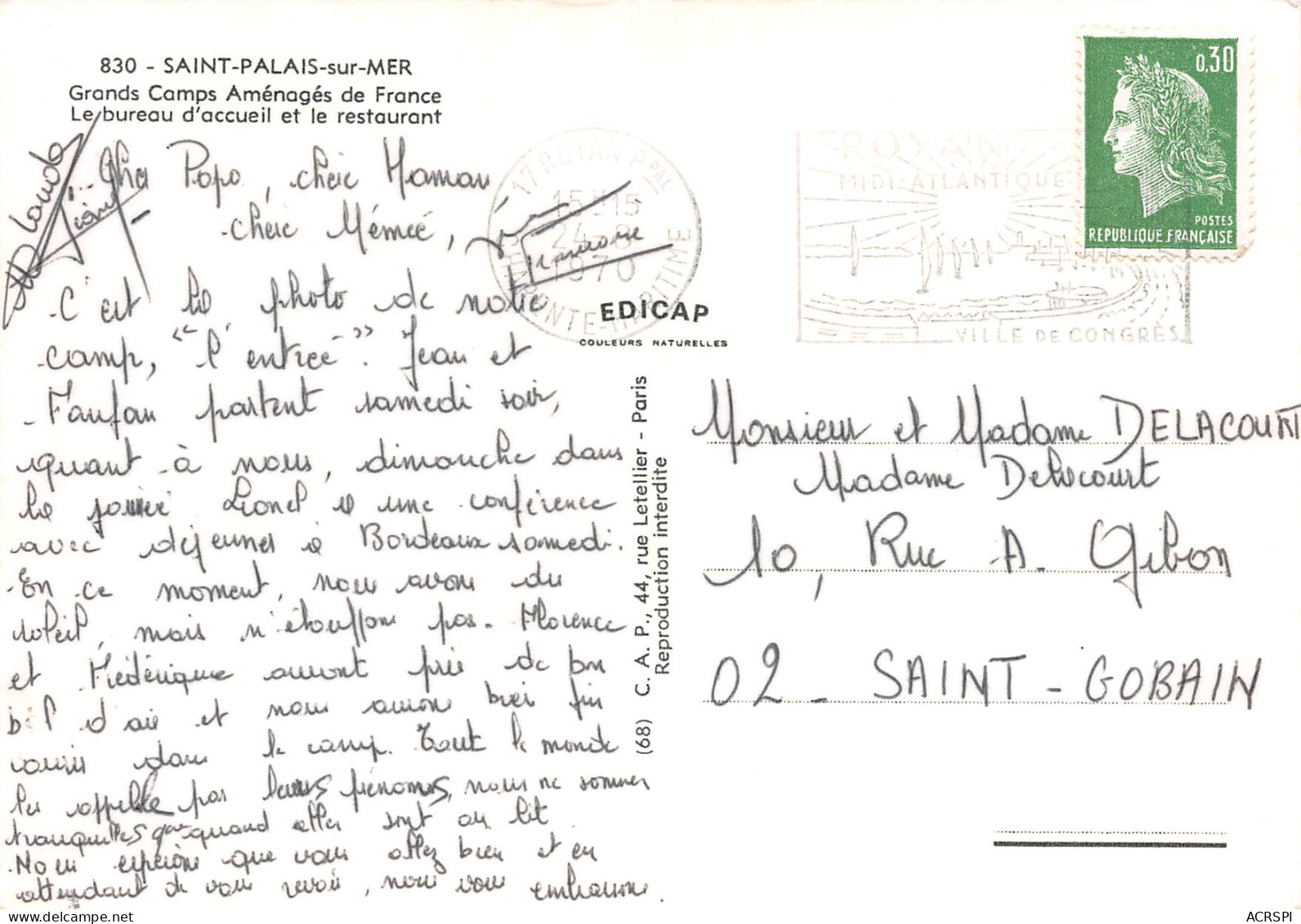 17 SAINT PALAIS SUR MER LES GRANDS CAMPS AMENAGES DE FRANCE CAMP DU LOGIS Accueil Restaurant  (Scans R/V) N° 32 \ML4062 - Saint-Palais-sur-Mer