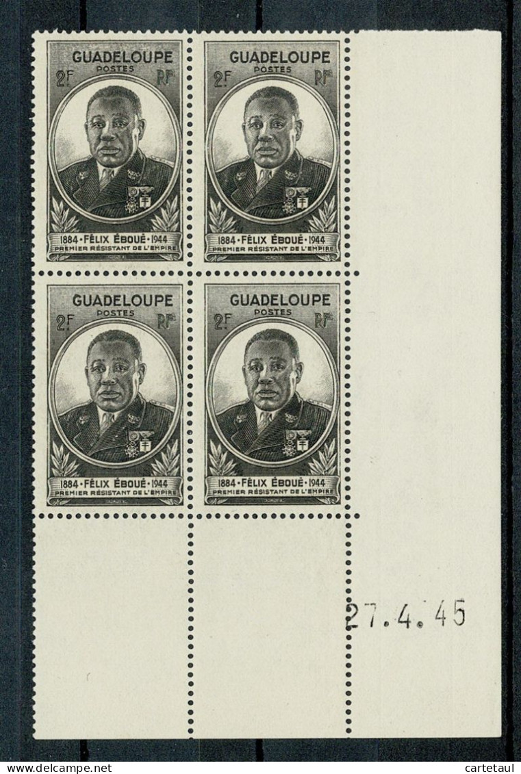 GUADELOUPE Félix Eboué Bolc De 4 Coin Daté 27.4.45 ** MNH SUPERBE - 1945 Gouverneur-Général Félix Éboué