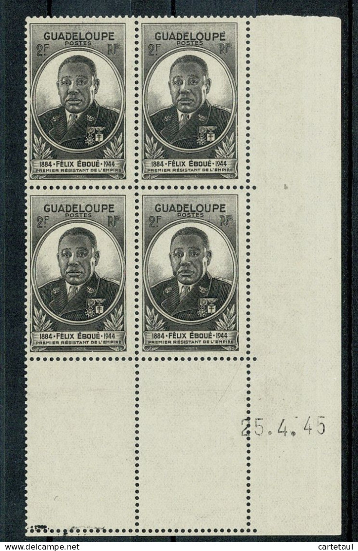 GUADELOUPE Félix Eboué Bolc De 4 Coin Daté 25.4.45 ** MNH SUPERBE - 1945 Gouverneur-Général Félix Éboué