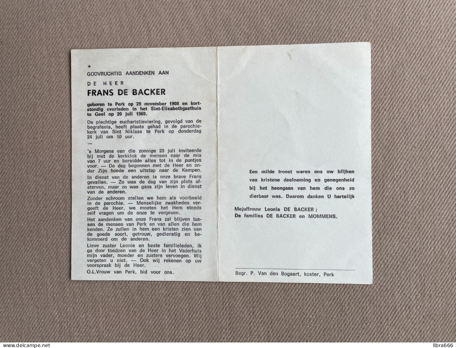 DE BACKER Frans °PERK 1908 +GEEL 1969 - MOMMENS - Décès