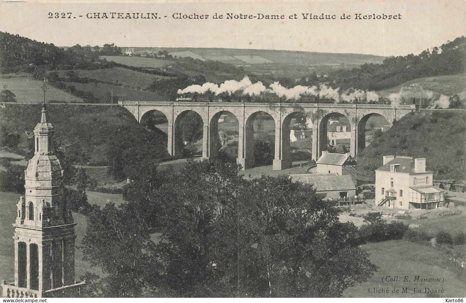 Châteaulin * Passage Train Locomotive Ligne Chemin De Fer Finistère , Clocher De Notre Dame Et Viaduc De Kerlobret - Châteaulin