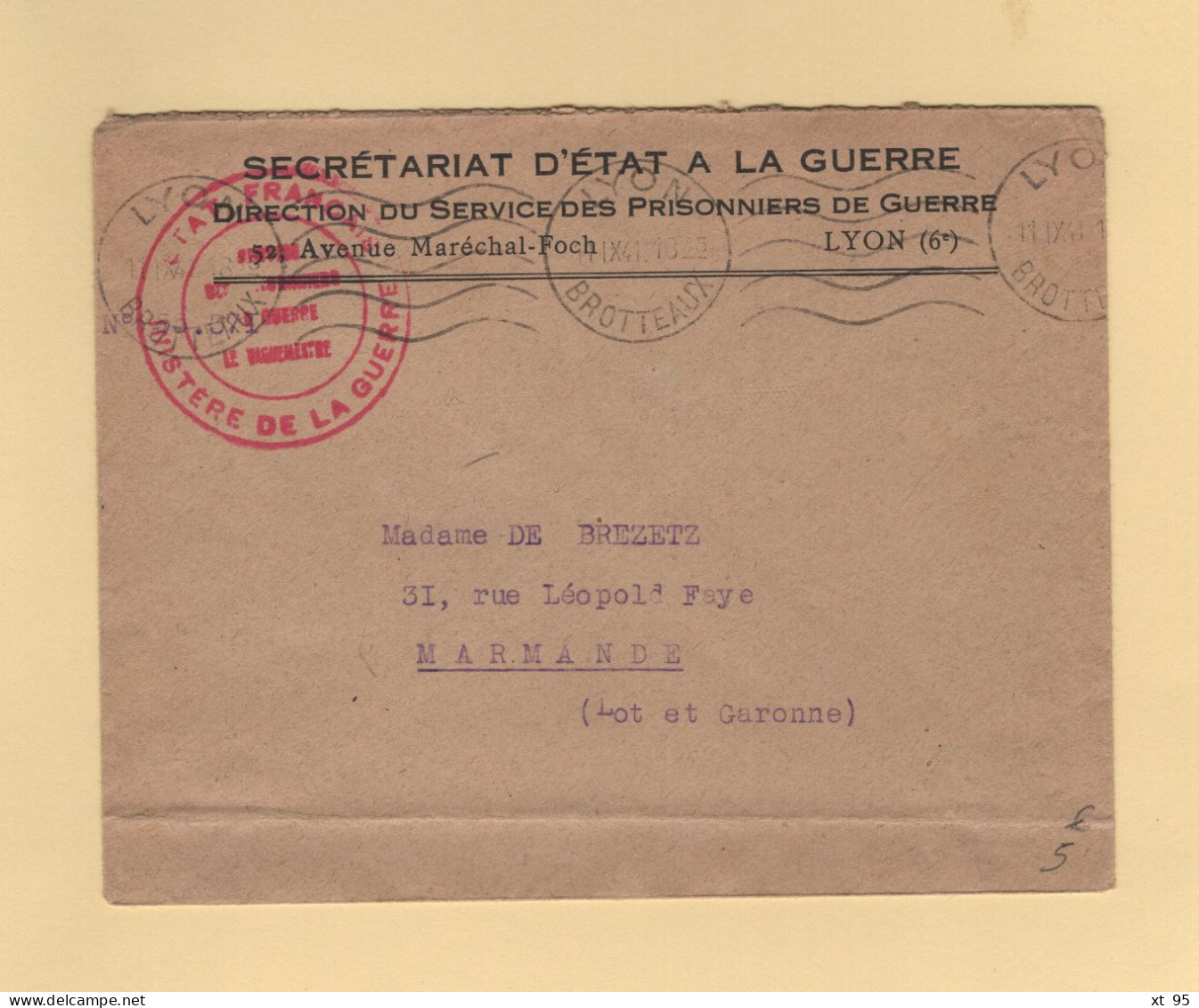 Lyon - 1941 - Ministere De La Guerre - Direction Du Service Des Prisonniers De Guerre - 2. Weltkrieg 1939-1945