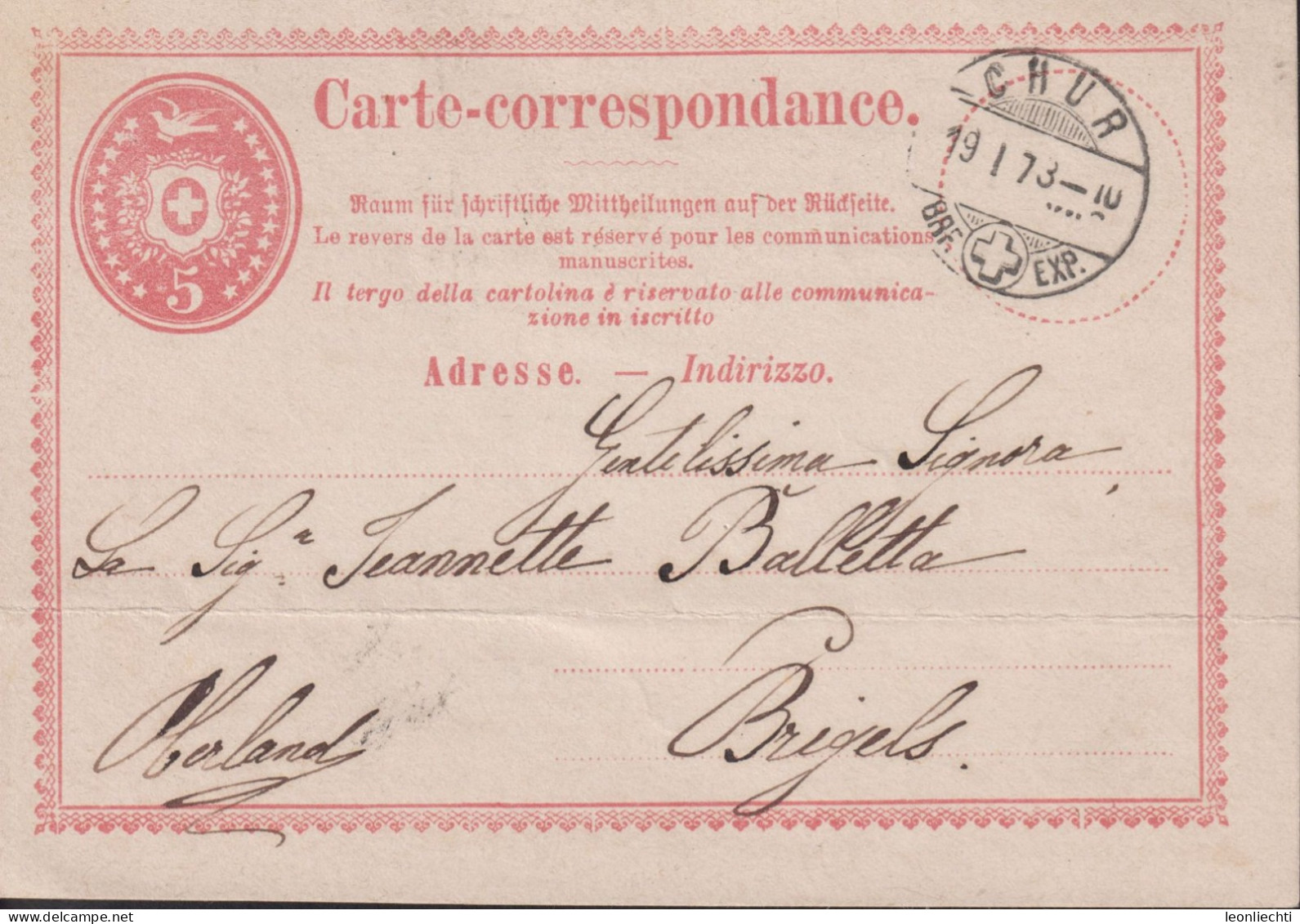 1870 Schweiz Carte-correspondance, Zum:1. 5 Cts Karmin ⵙ CHUR 19.1.73 - Stamped Stationery