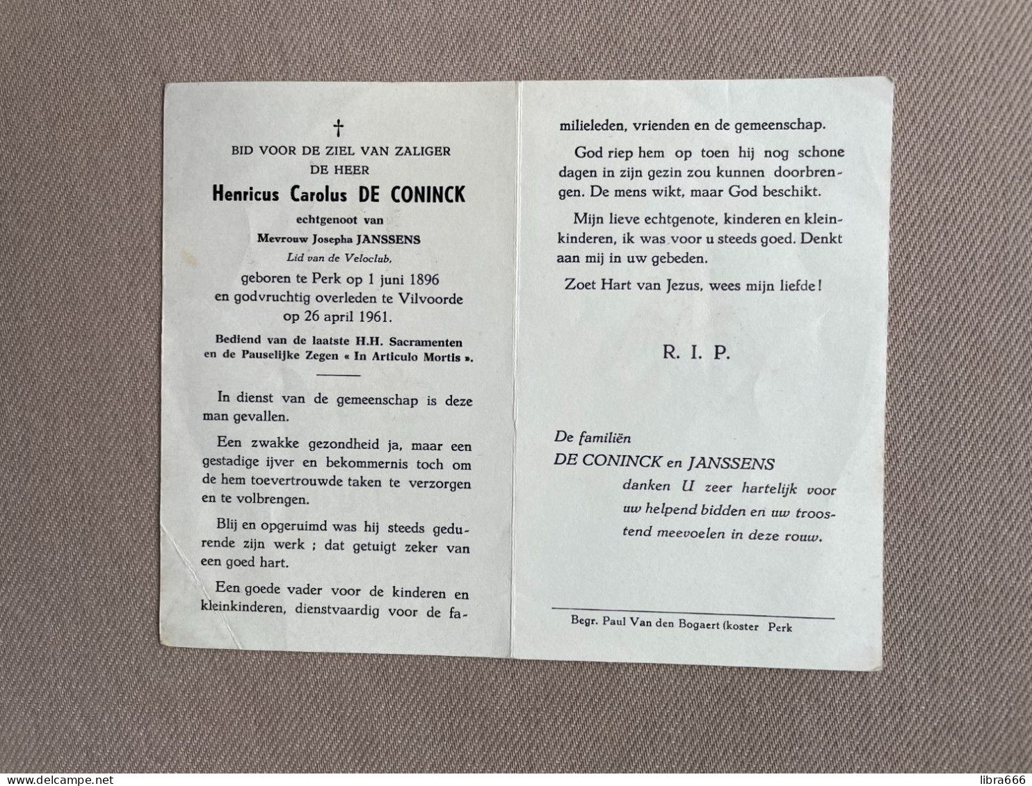 DE CONINCK Henricus Carolus °PERK 1896 +VILVOORDE 1961 - JANSSENS - Décès