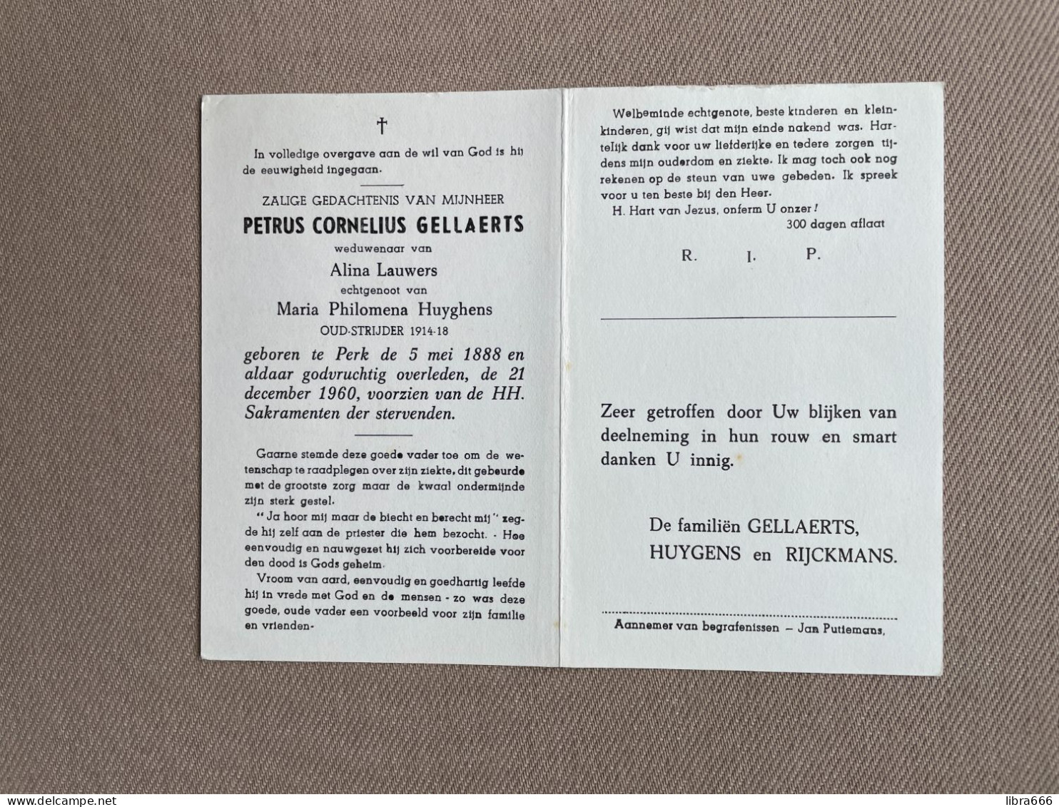 GELLAERTS Petrus Cornelius °PERK 1888 +PERK 1960 - LAUWERS - HUYGHENS - RIJCKMANS - Oud-Strijder 1914-18 - Obituary Notices