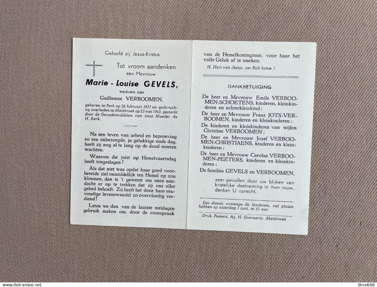 GEVELS Marie Louise °PERK 1871 +MELSBROECK 1963 - VERBOOMEN - SCHOETENS - JOTS - CHRISTIAENS - PEETERS - Obituary Notices